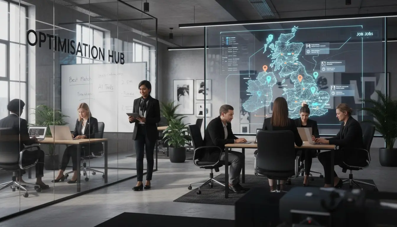 Modern UK office with digital job board display