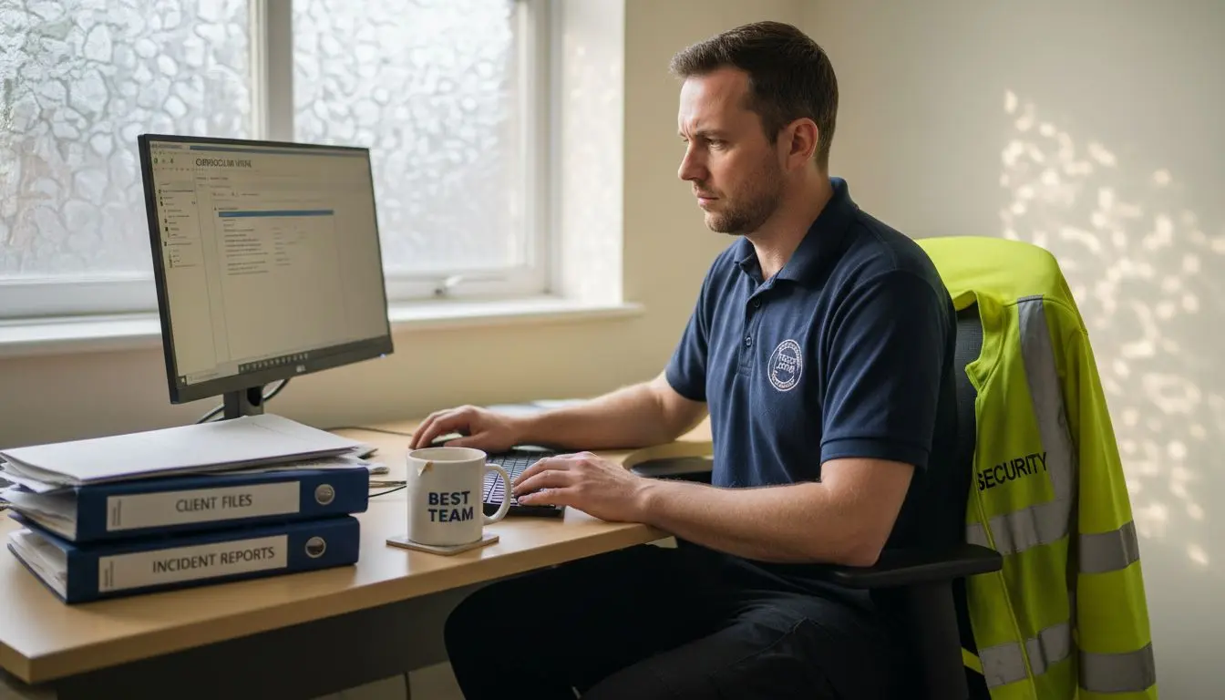 Security professional updates digital CV in office