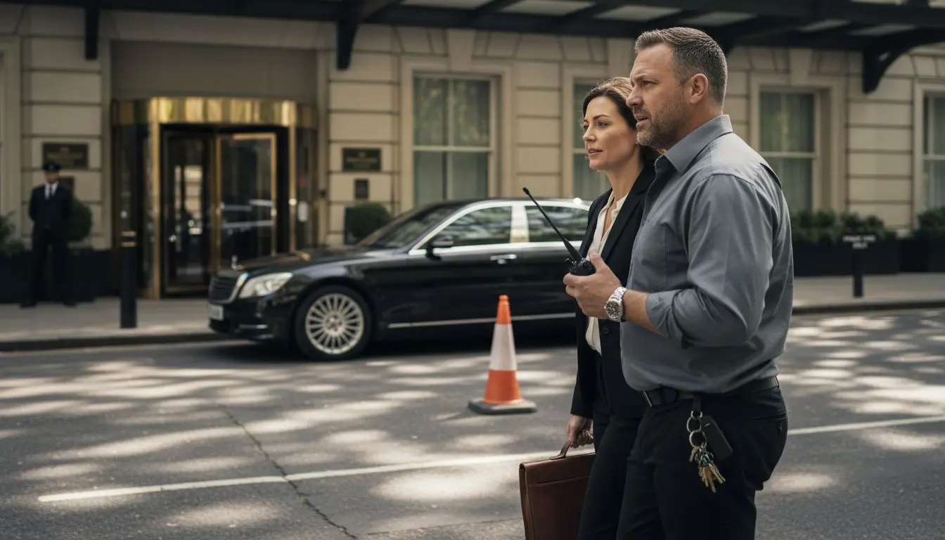 Bodyguard escorts client to waiting car