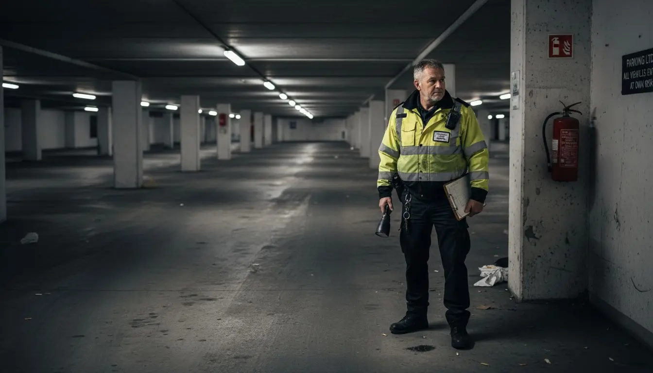 Security guard checking underground car park alone