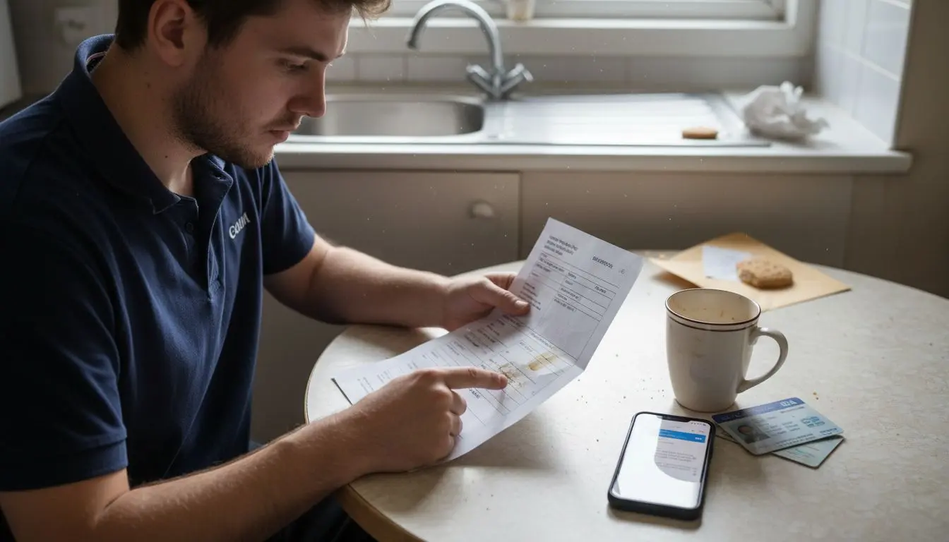 Applicant checks SIA license details at kitchen table