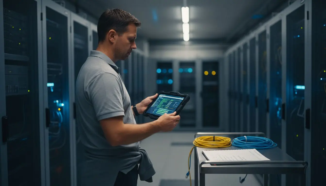 Technician inspecting various monitoring systems