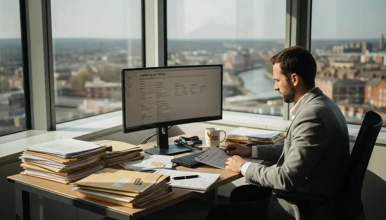 Security recruiter reviewing candidate CV in office