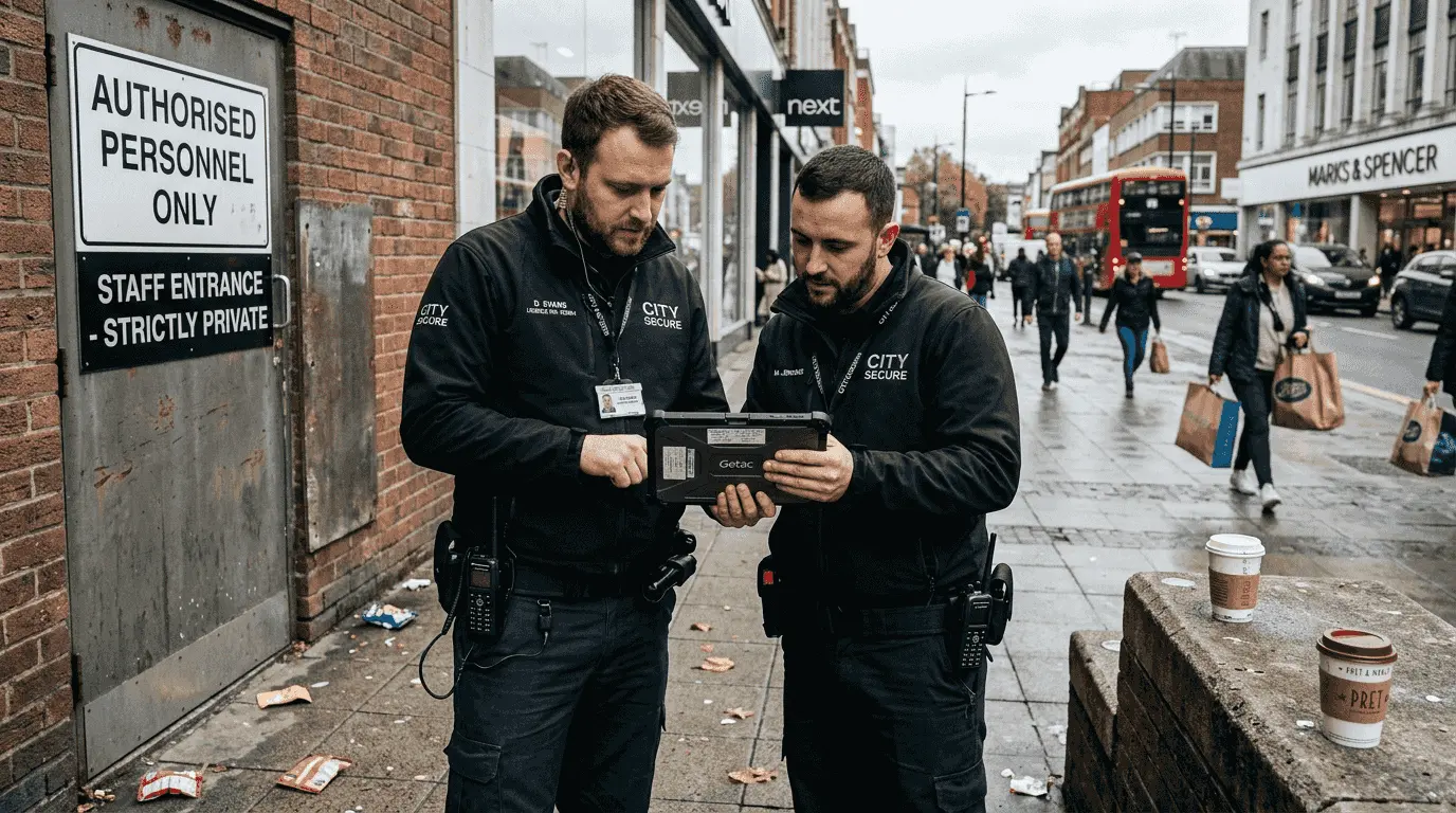 Security officers discussing flexible shift schedule