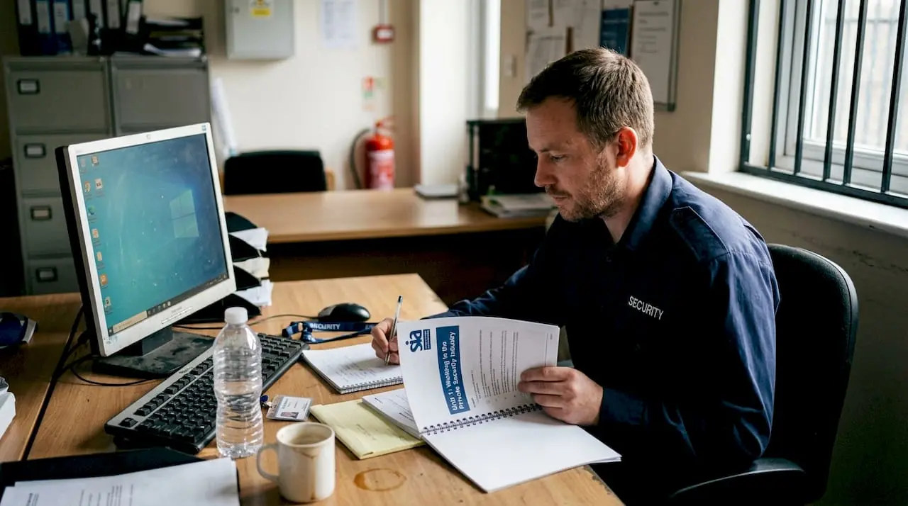 Security officer reading training manual at desk