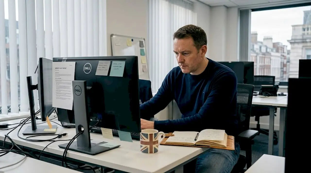 IT specialist reviewing security audit in office