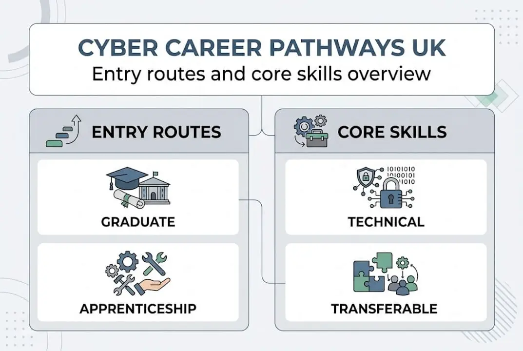 Infographic showing career pathways and skills in UK cyber security